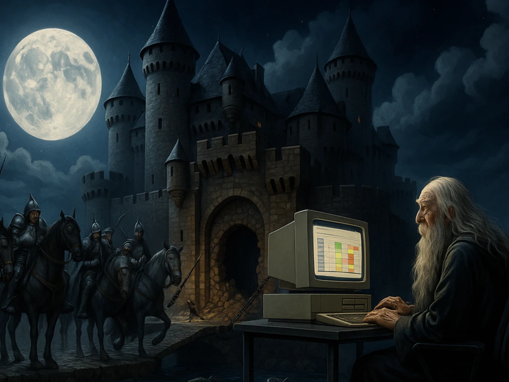 An old man with a grey beard sitting at a computer with soldiers at the castle gate