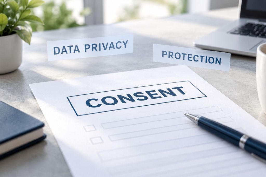 Data privacy, protection, and consent documentation on a desk