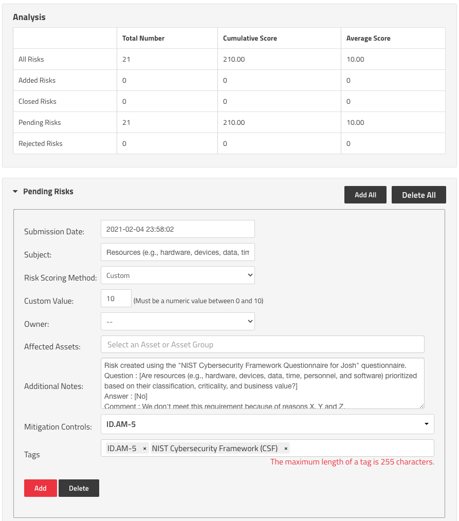 Questionnaire Risk Analysis