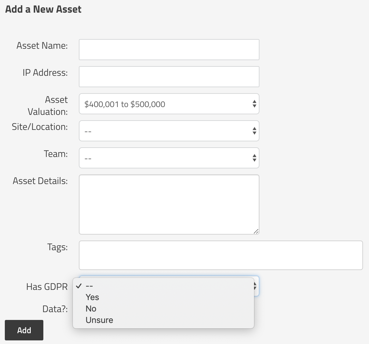 Custom Field Shown for an Asset in SimpleRisk