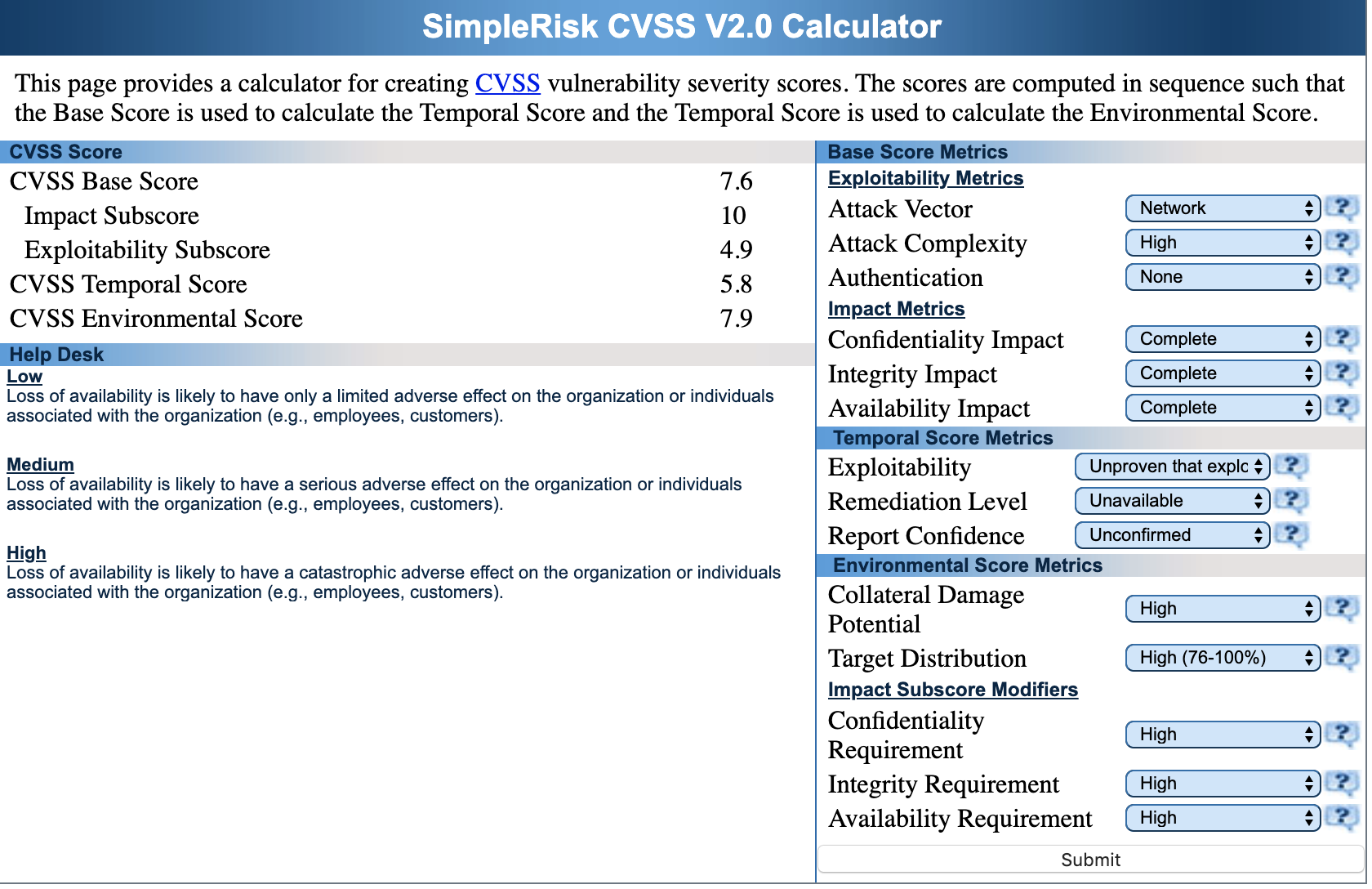 SimpleRisk CVSS Calculator