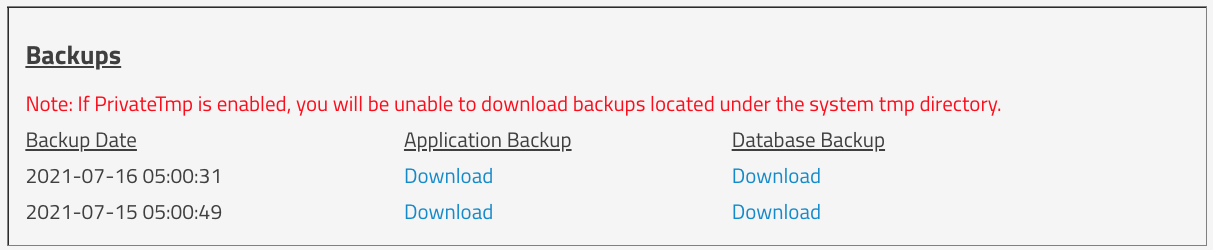 Downloading Application and Database Backups