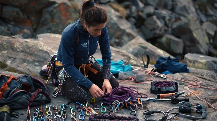 A meticulous climber organizes her climbing equipment on the rock-strewn ground before an ascent.