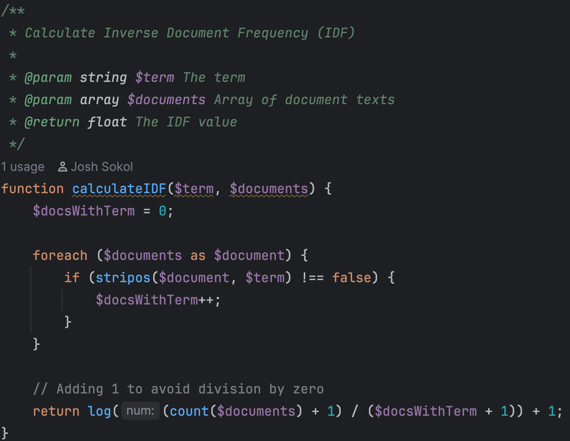 PHP code to calculate the inverse document frequency