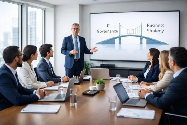CISO presenting IT governance and business strategy alignment to enterprise leadership