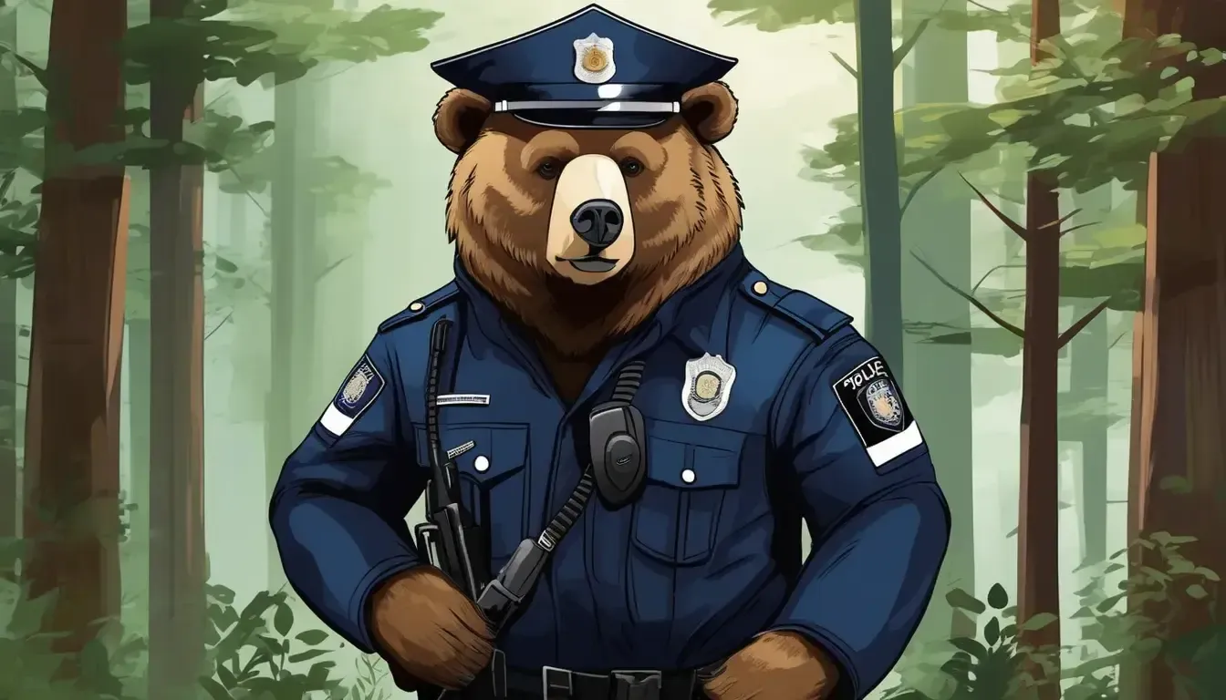 A bear dressed as a police officer to enforce compliance issues in the woods