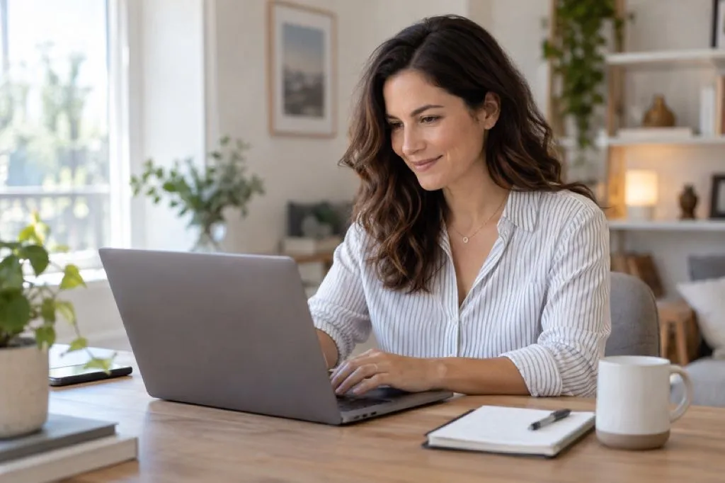 Professional reviewing email compliance policy at her laptop