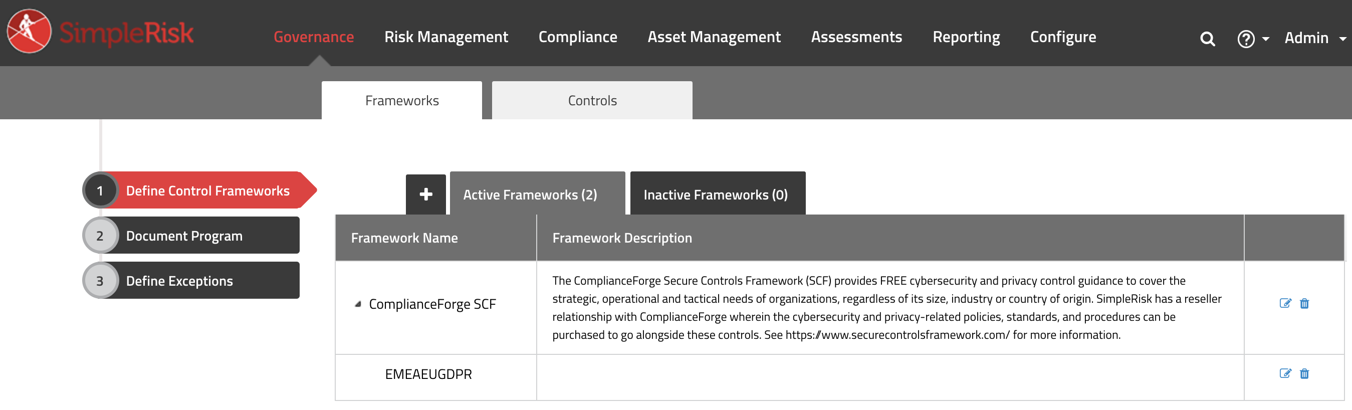 SimpleRisk Active Frameworks